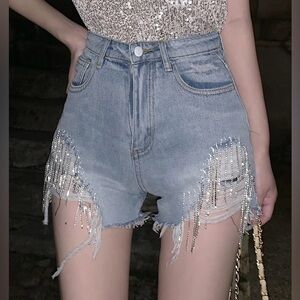 Ripped High Waist Denim Short With Crystal Chains